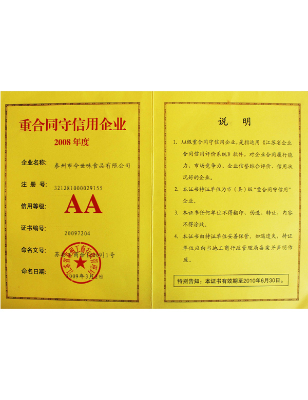 2008年度(AA)級重合同守信企業